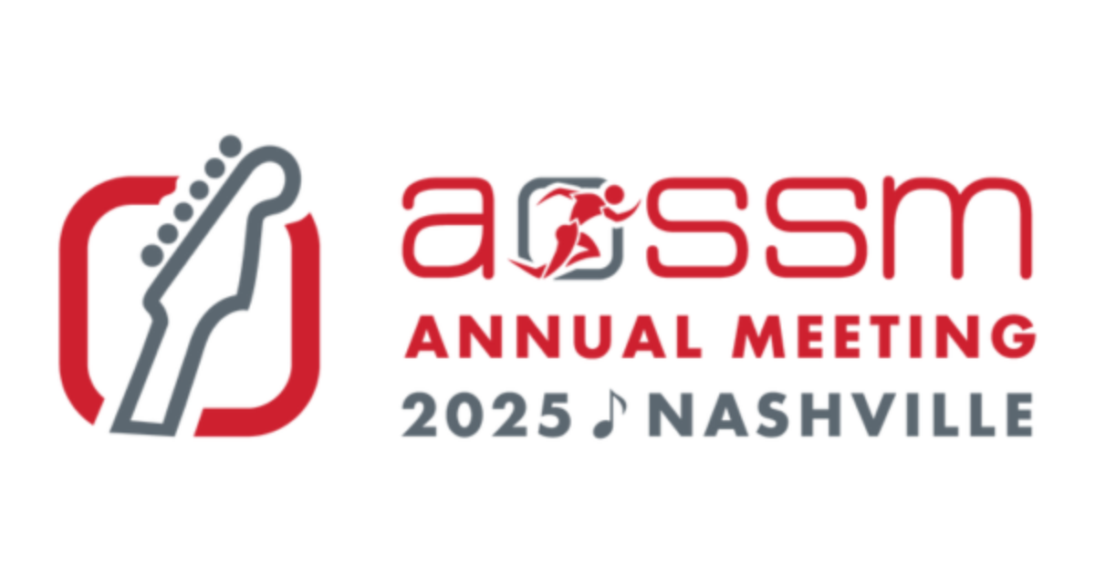AOSSM 2025 Annual Meeting logo featuring a stylized guitar headstock and a running athlete icon, with the event location Nashville and a musical note symbol.