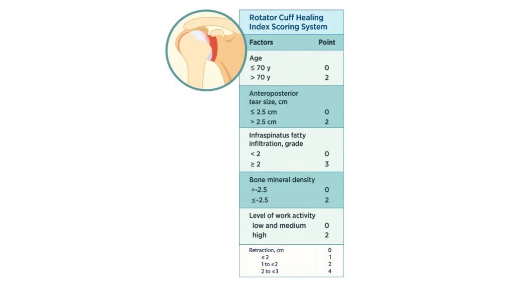 Rotator Cuff Healing Index (RoHI) score table with color-coded risk tiers showing variables and total scores to predict tendon healing after rotator cuff repair