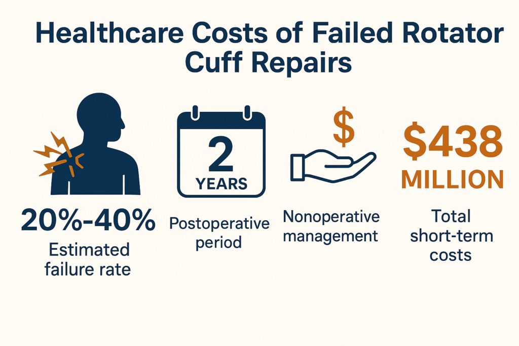 “Infographic titled ‘Healthcare Costs of Failed Rotator Cuff Repairs.’ It shows four icons and statistics: a shoulder silhouette with pain lines labeled ‘20–40% estimated failure rate,’ a calendar icon labeled ‘2 years postoperative period,’ a hand with a dollar sign labeled ‘Nonoperative management,’ and a large orange text reading ‘$438 million total short-term costs.’ The color scheme is navy blue, orange, and white.”